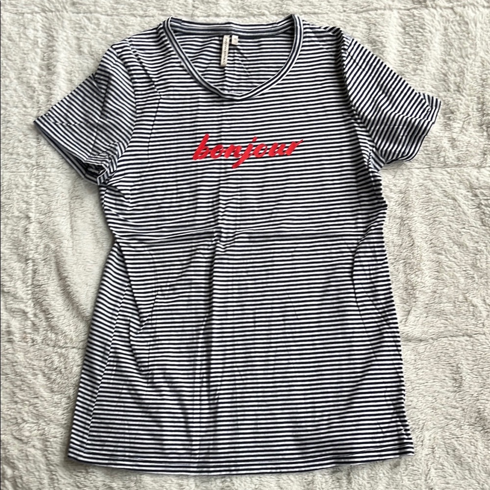Banana Republic Striped T-Shirt with Red Bonjour Text